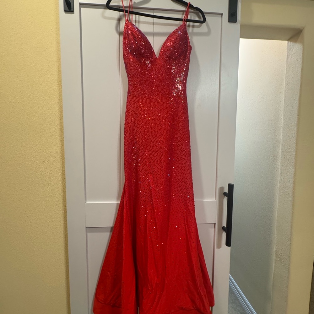 Sherri Hill Red Sequin Spaghetti-Strap Mermaid Gown